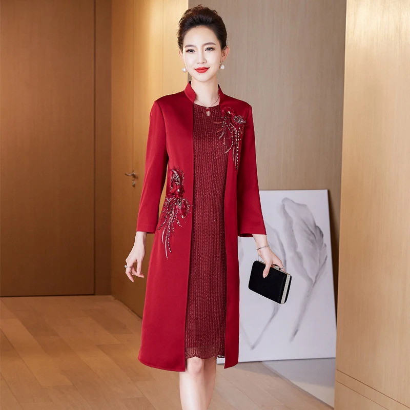 秋季新款典雅范假两件中老年妈妈连衣裙雍容华贵喜婆婆婚宴时尚礼