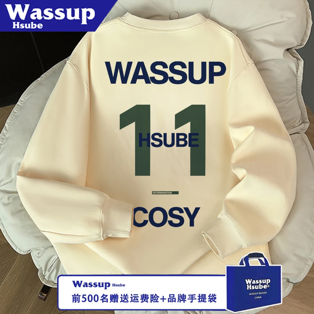 WASSUP HSUBE百搭美式圆领字母数字休闲宽松长袖秋冬印花情侣上衣