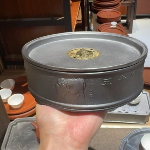 潮州古锡茶船圆款五牛图