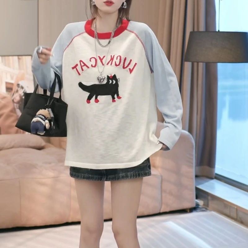 【幸运猫】春夏撞色插肩袖猫咪图案长袖针织上衣LK2502465-1