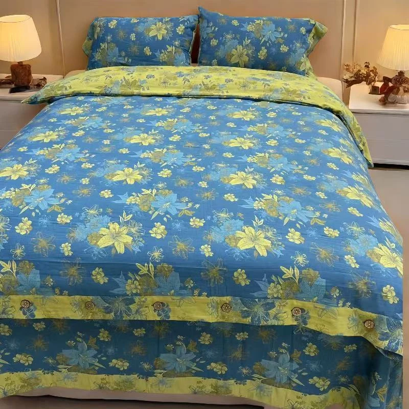 夏季床品套件碎花被罩夏精梳棉花夹棉绗缝--梦幻百合蓝【纽扣】
