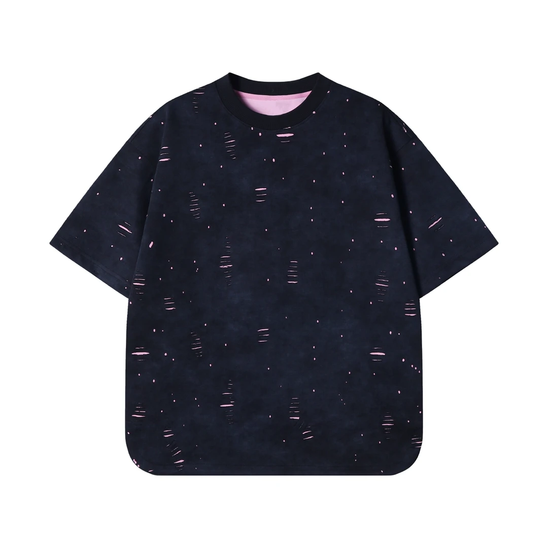 夏季高级感新款美式撞色破洞圆领短袖T恤情侣宽松潮流时尚上衣