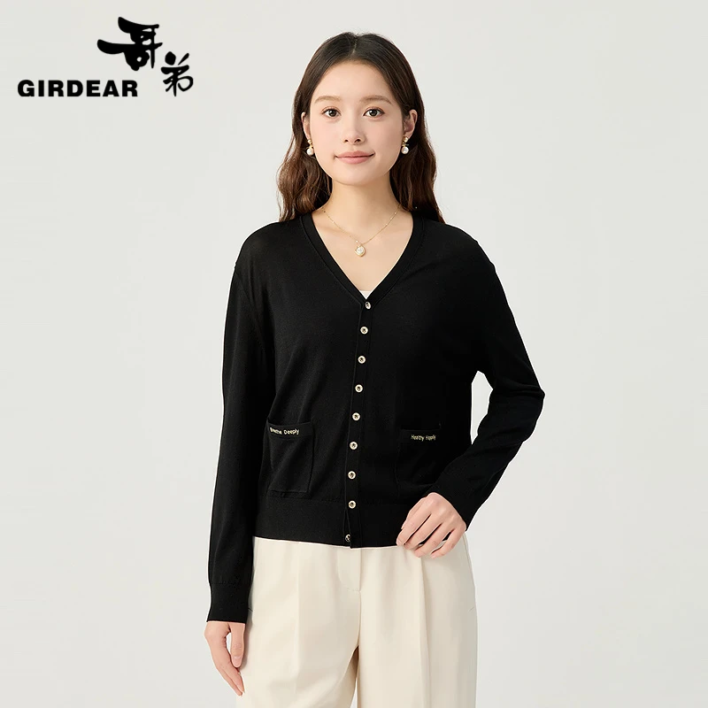 哥弟V领精致刺绣开衫气质百搭黑色简约新款针织148024针织衫