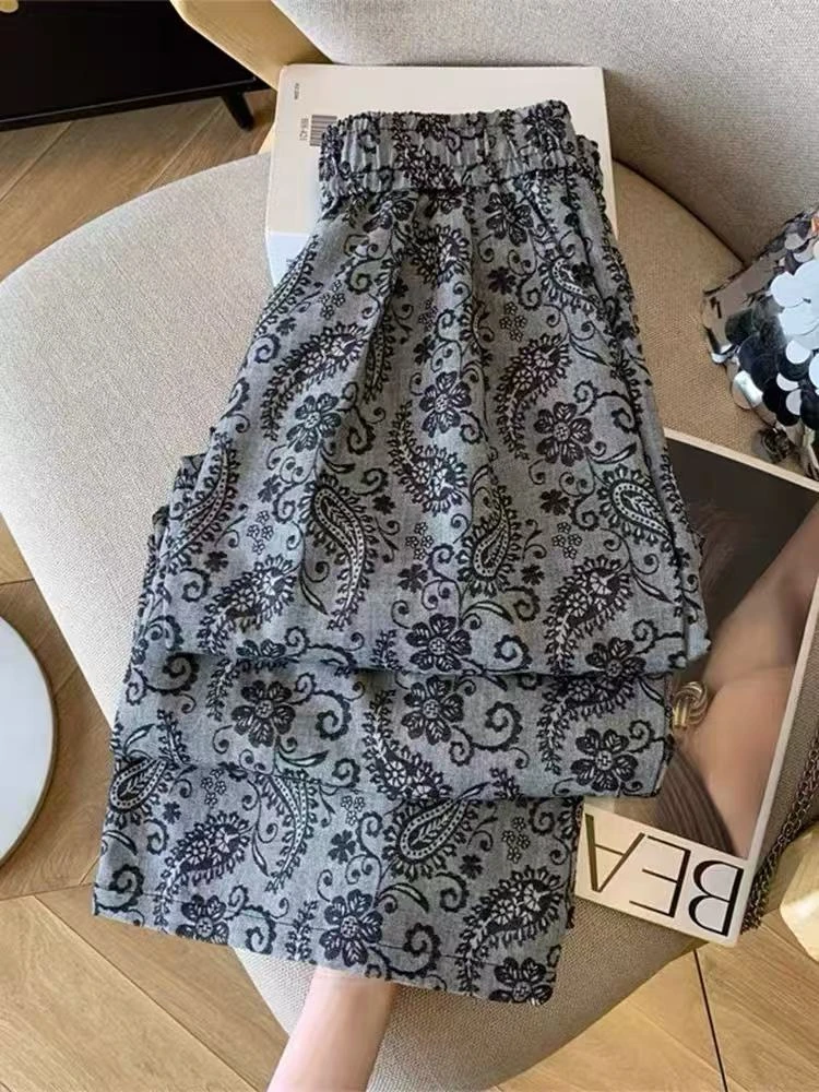 早秋棉麻阔腿裤休闲长裤复古提花显瘦阔腿裤女宽松