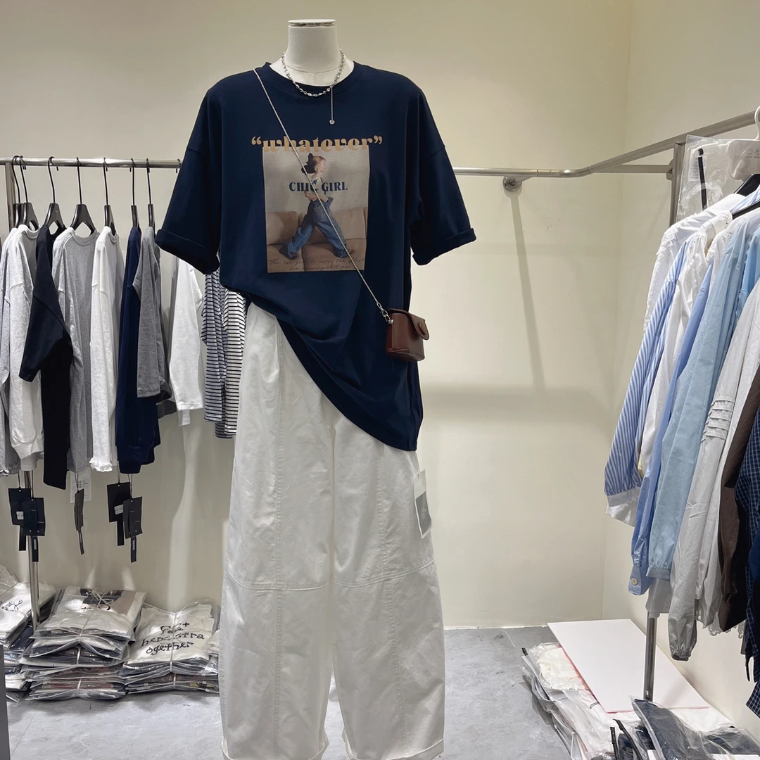 短袖休闲牛仔字母印花秋款磨毛舒适大版T恤长款