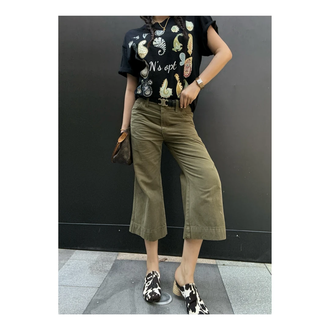 【七分裤】夏季复古军绿低腰微喇七分裤工装中裤