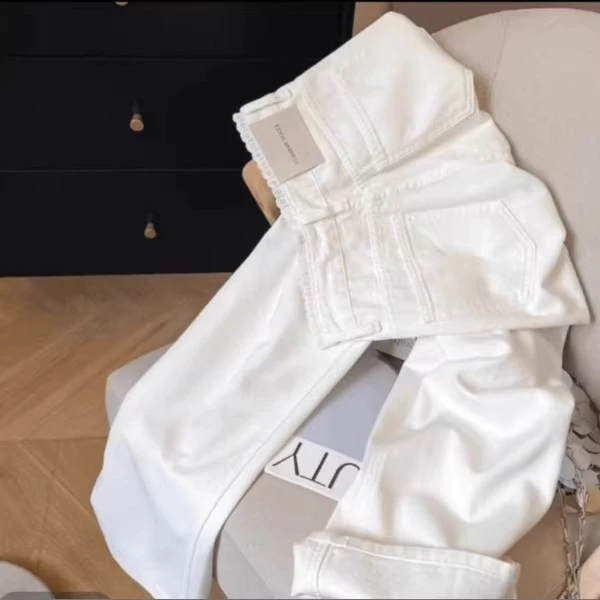 【现货+运费险】爆款白色蕾丝边高腰百搭时尚牛仔裤女夏季阔腿长裤