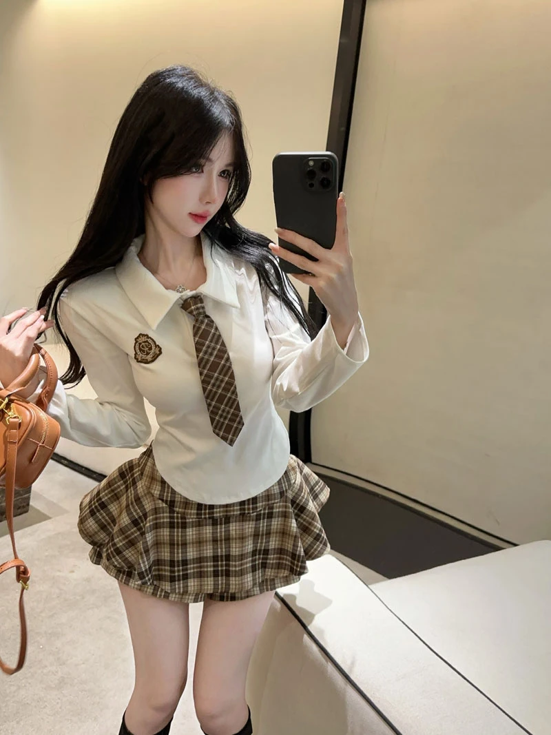 学院风jk制服套装女秋季新款长袖纯欲辣妹t恤上衣蓬蓬裙裤两件套