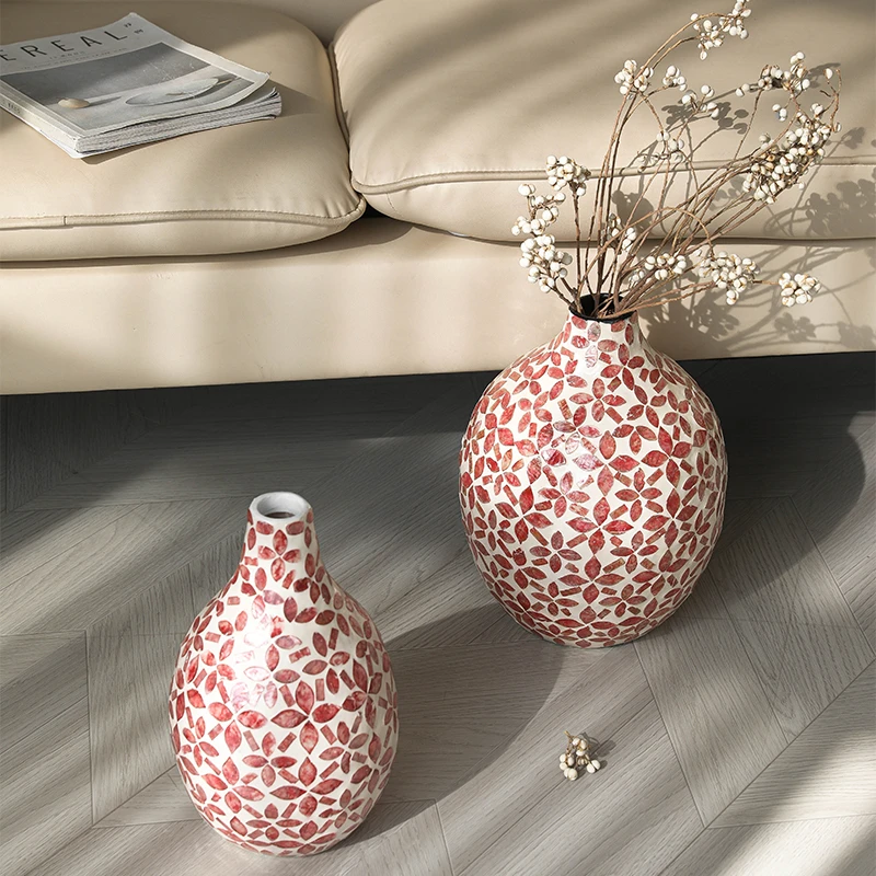 法式粉色贝壳花瓶高档家居装饰摆件客餐厅仿真花组合装插花器台面