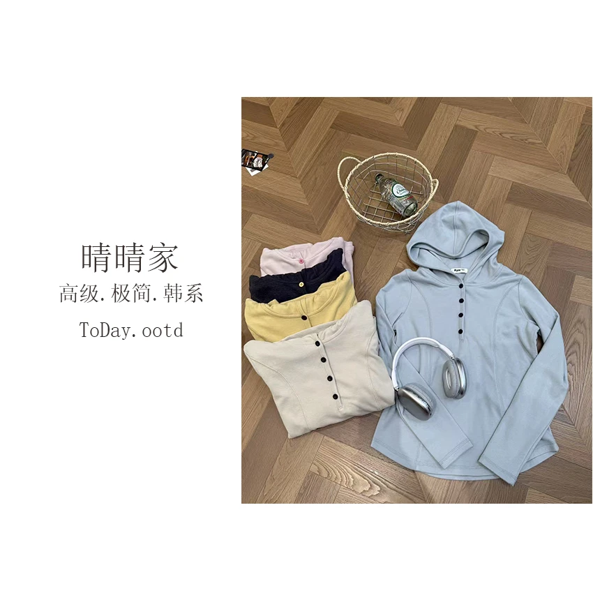 晴晴家-【空气暖绒】秋季韩系空气暖绒拼麻丝修身连帽打底5646