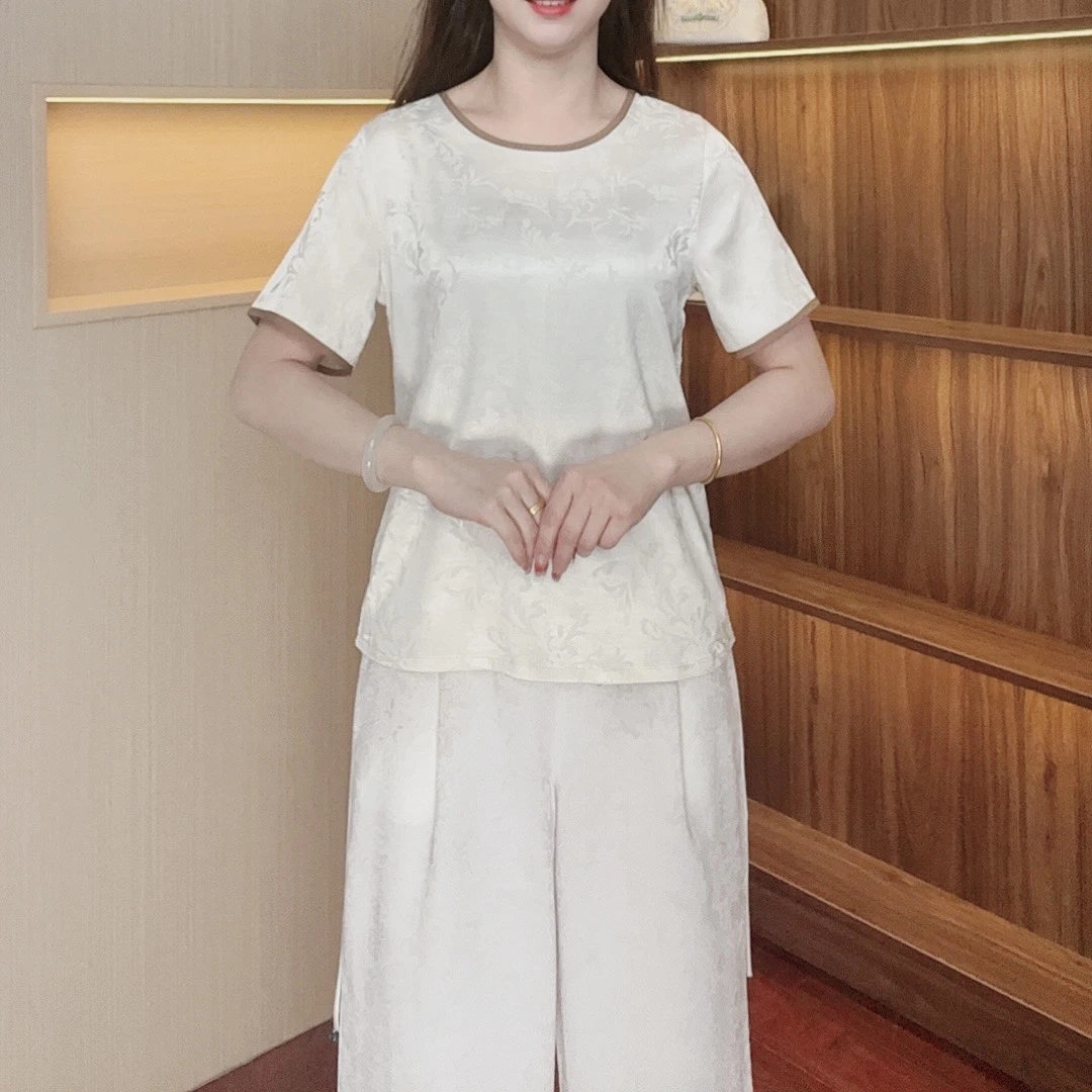 （尊贵定制提花白）春季新款短袖大码洋气减龄时尚妈妈装休闲女装