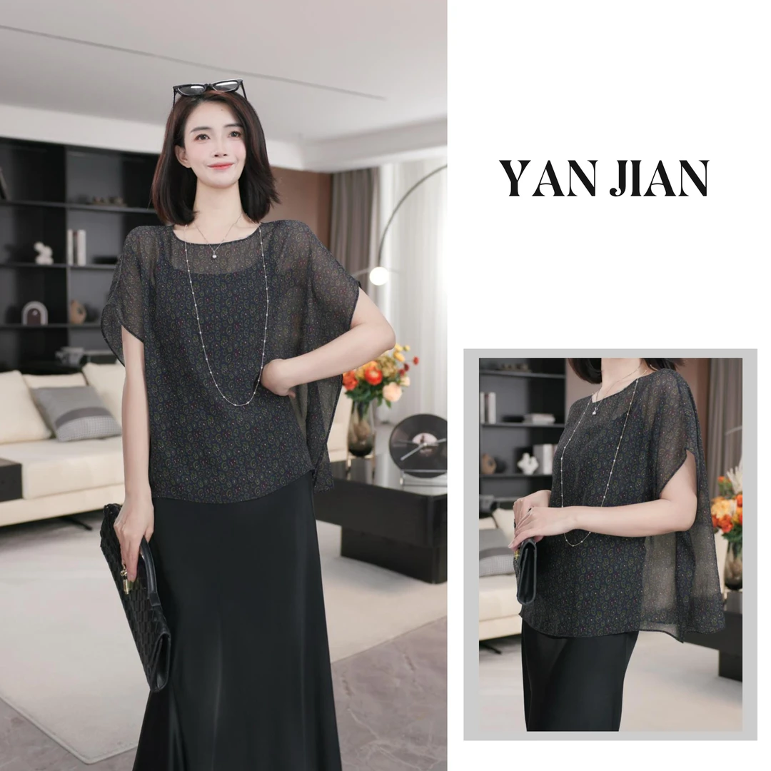 YAN JIAN【悦风】乔其纱定染青紫腰果花一片式裁剪遮手臂上衣