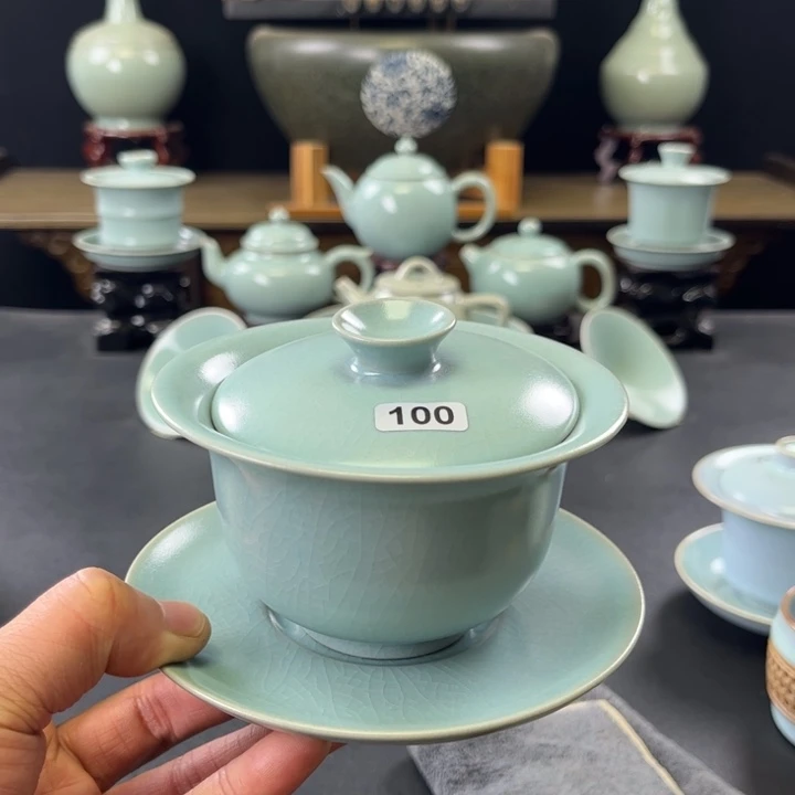 杯仿古釉汝官窑元宝盖碗100号微瑕捡漏