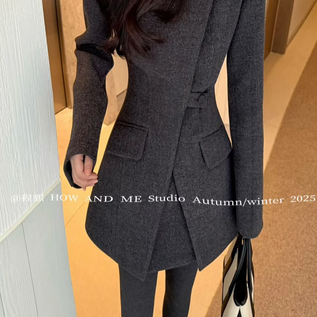 HOWANDME正品冬轻奢风高开衩呢加棉短外套半身裙套装气质显瘦收腰