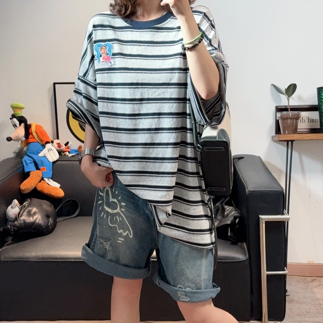 2025夏季新款两穿藏青条纹圆领大版T恤T裙女七分袖中长款宽松显瘦