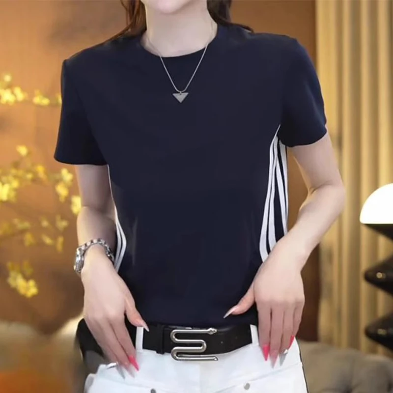 时尚休闲简约撞色设计感短袖T恤女2025夏季修身显瘦百搭条纹上衣