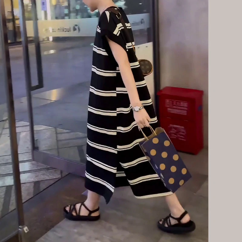 大码女装长裙慵懒风条纹背带款夏季连衣裙时尚气质韩版显瘦长裙