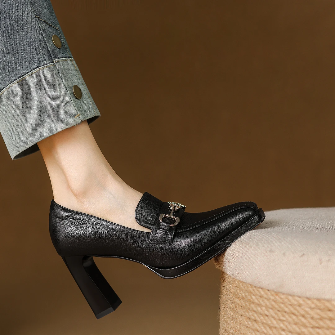 小个子手工女鞋8.5cm~方头粗跟时尚单鞋英伦风气质高跟鞋工作鞋