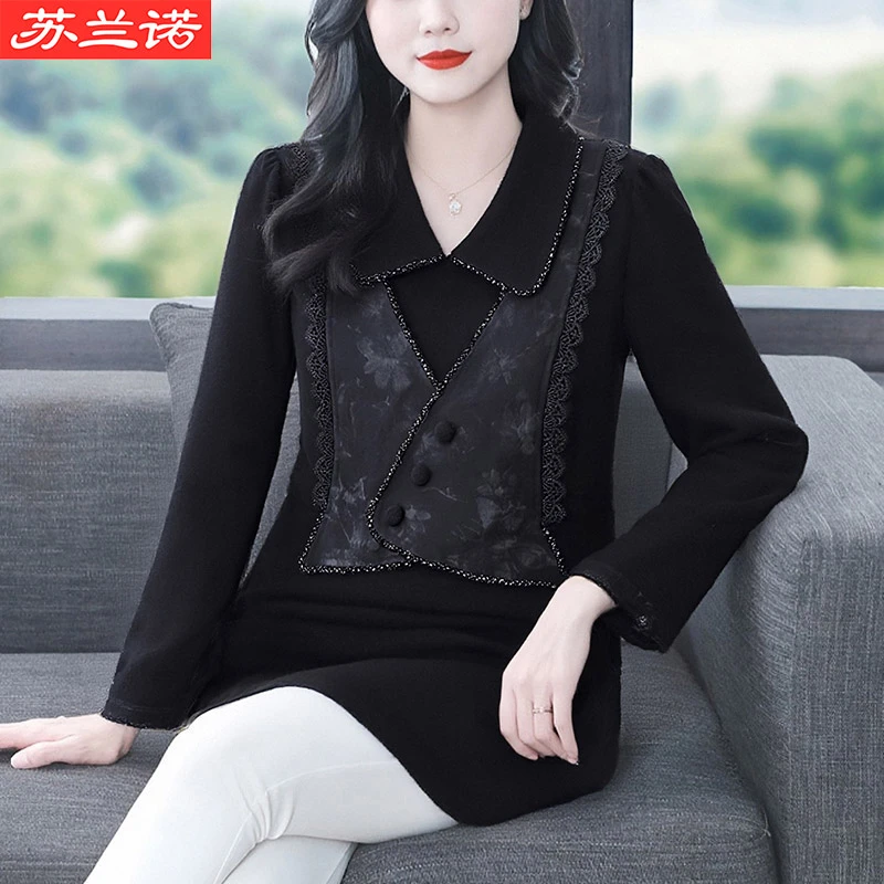 苏兰诺大码女装假两件国风翻领拼接显瘦百搭长袖上衣ZSX25A0296