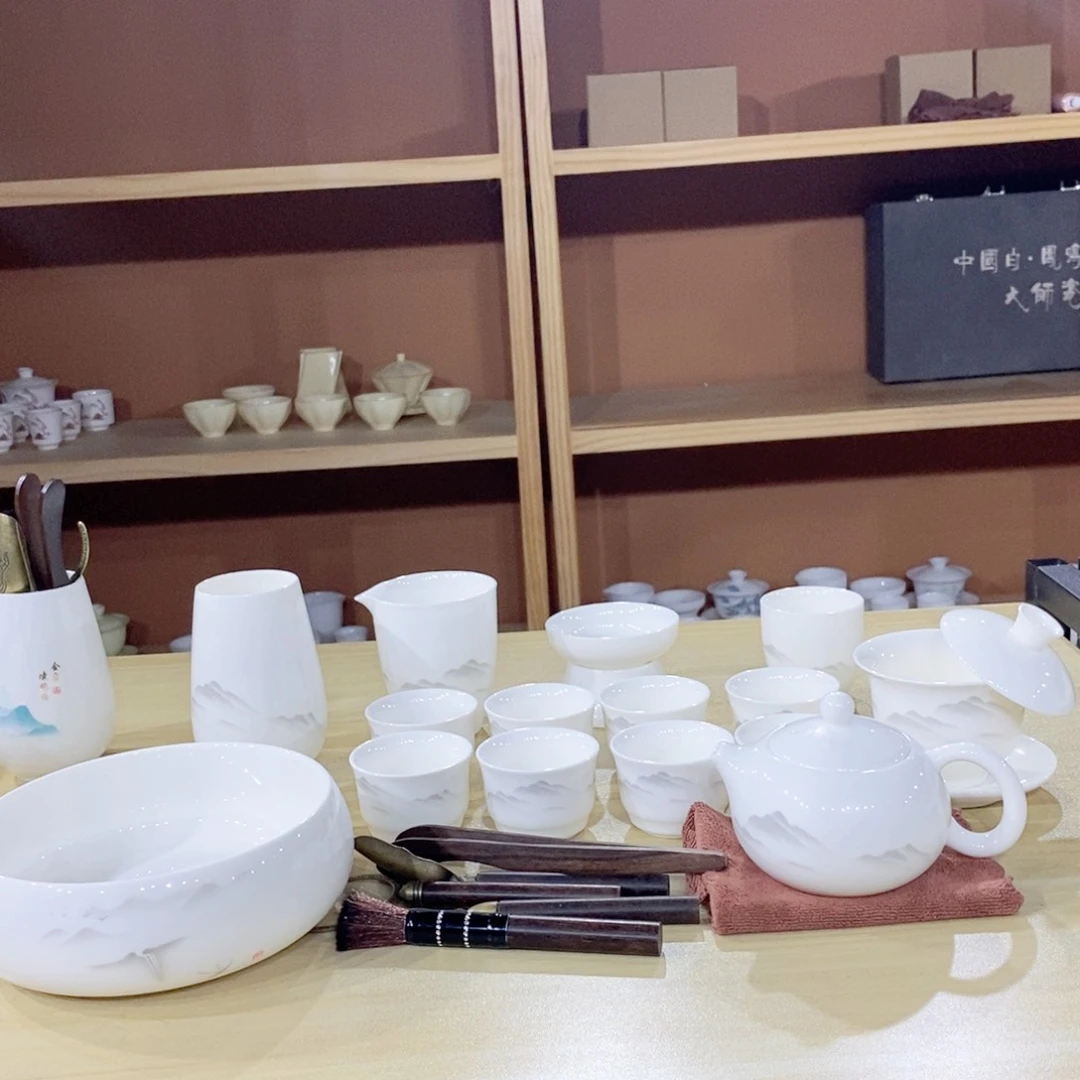 瓷片水墨江山羊脂玉套装大全套