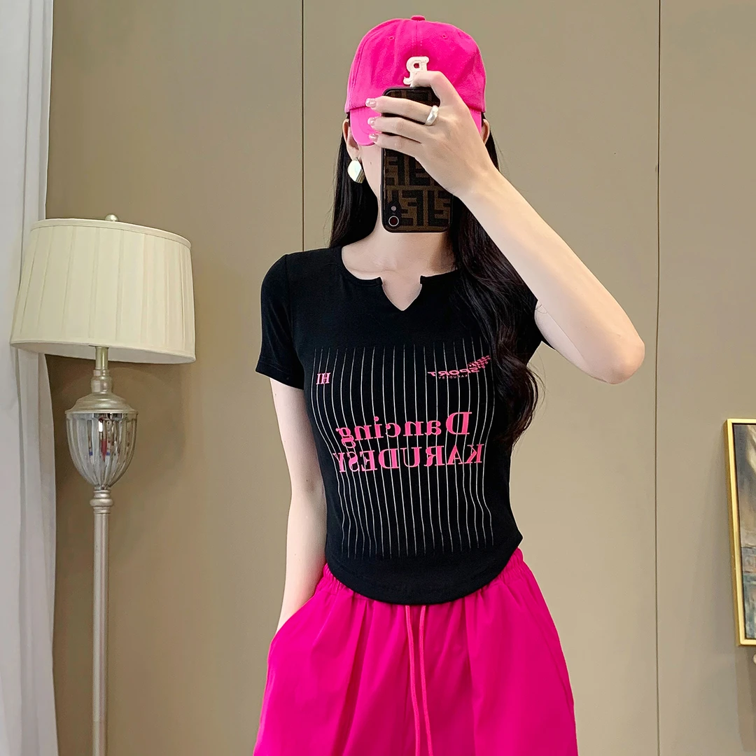 小V领印花紧身短款T恤女短袖夏季新款正肩设计感显瘦百搭跳舞上衣