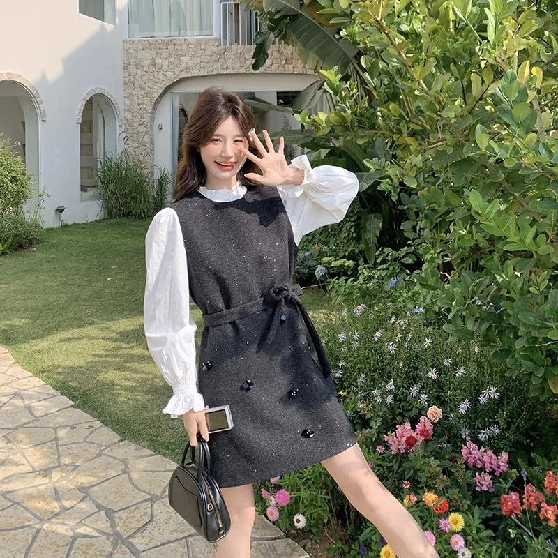 亮片装饰收腰背心连衣裙套装女春季2025新款减龄木耳边衬衫两件套