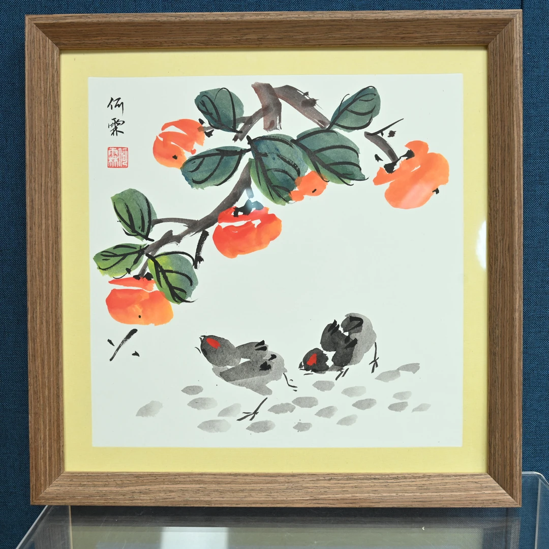 L-绘画作品柿子小鸡，尺寸35*35