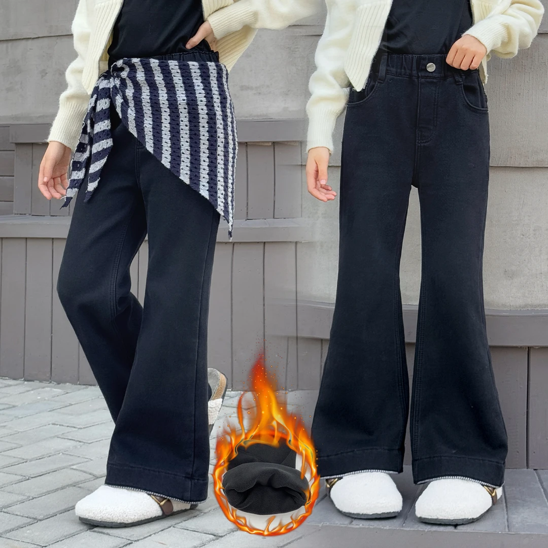 女童冬季韩版喇叭牛仔裤中大童6-12岁儿童黑色加绒公主风微喇裤子