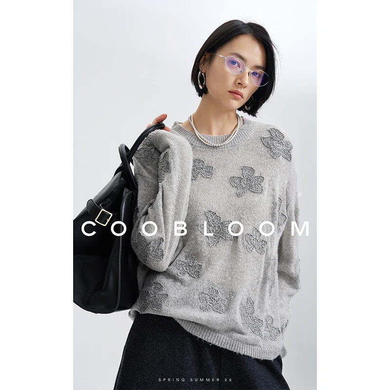 COOBLOOM/长袖慵懒羊毛针织衫女可外穿2025春季高级感宽松上衣