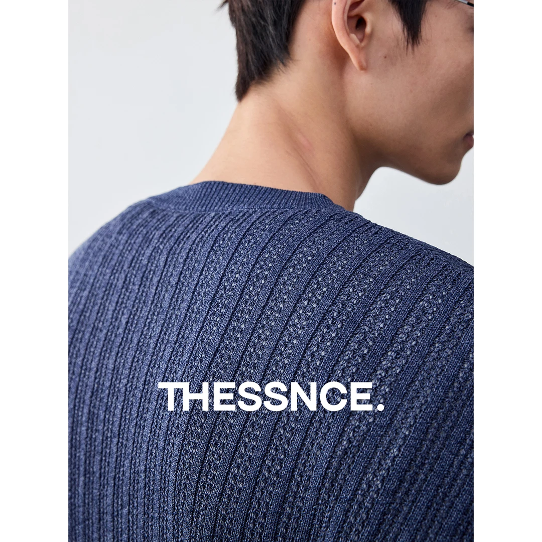 THESSNCE男士提花针织竖条纹纸纱麻感圆领衫打底针织衫长袖毛衣