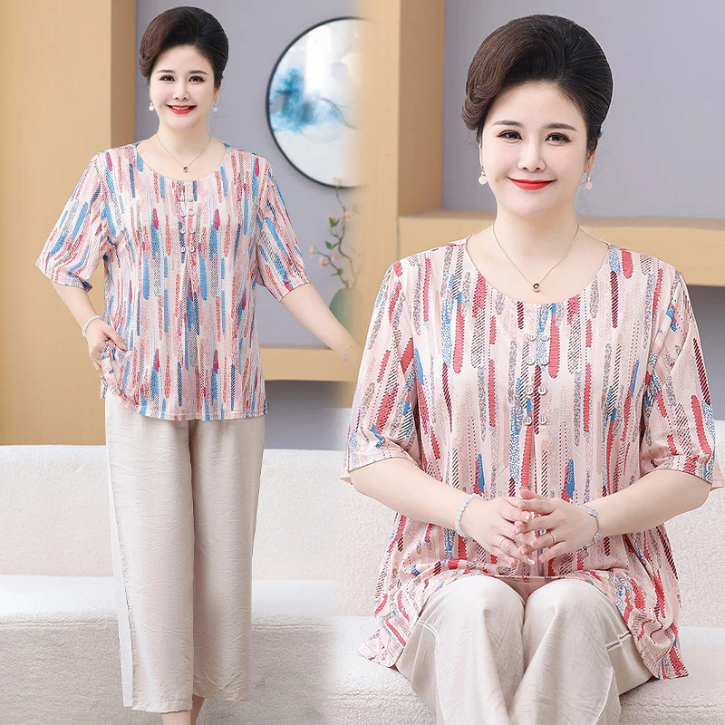 240斤夏季妈妈装宽松圆领中老年休闲短袖T恤上衣碎花大码小衫夏装