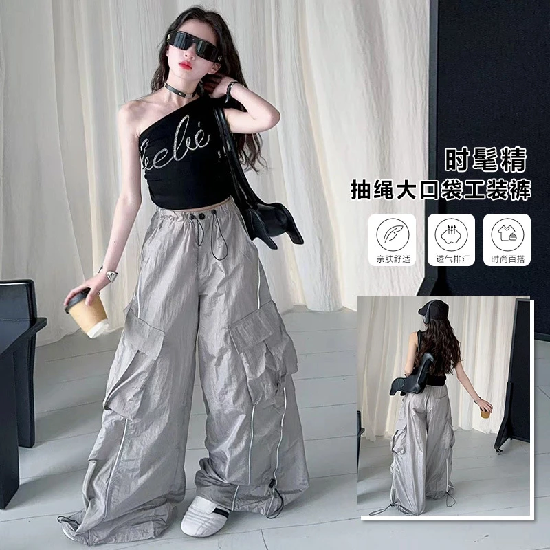 女童夏款辣妹斜肩烫钻设计感不对称背心套装儿童工装裤两件套潮