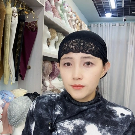 人造彩棉黑色蕾丝边打底帽