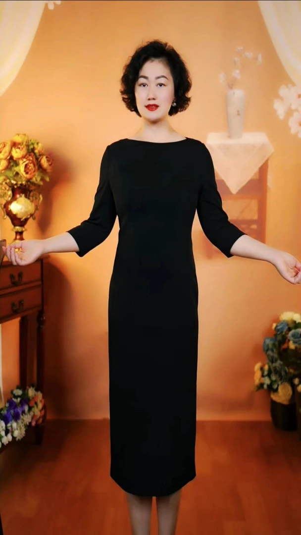 2025春夏季新品百搭长款优雅时尚修身赫本风黑色气质七分袖长裙