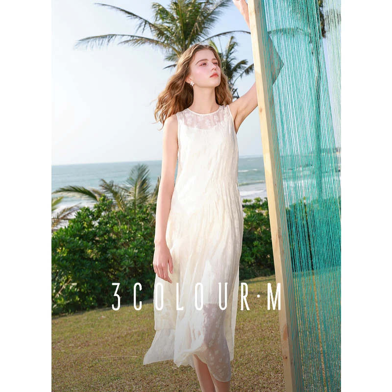 0023三彩2025春季新款提花连衣裙圆领无袖背心裙不规则长裙Mdbc
