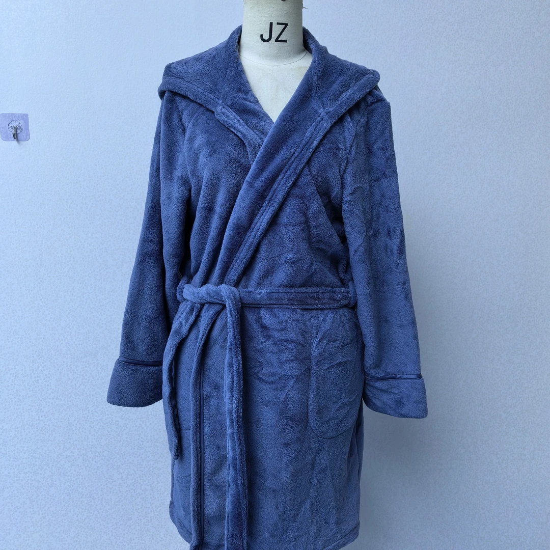 【灰蓝短款】情侣睡袍秋冬保暖双面法兰绒柔软舒适中长款浴袍