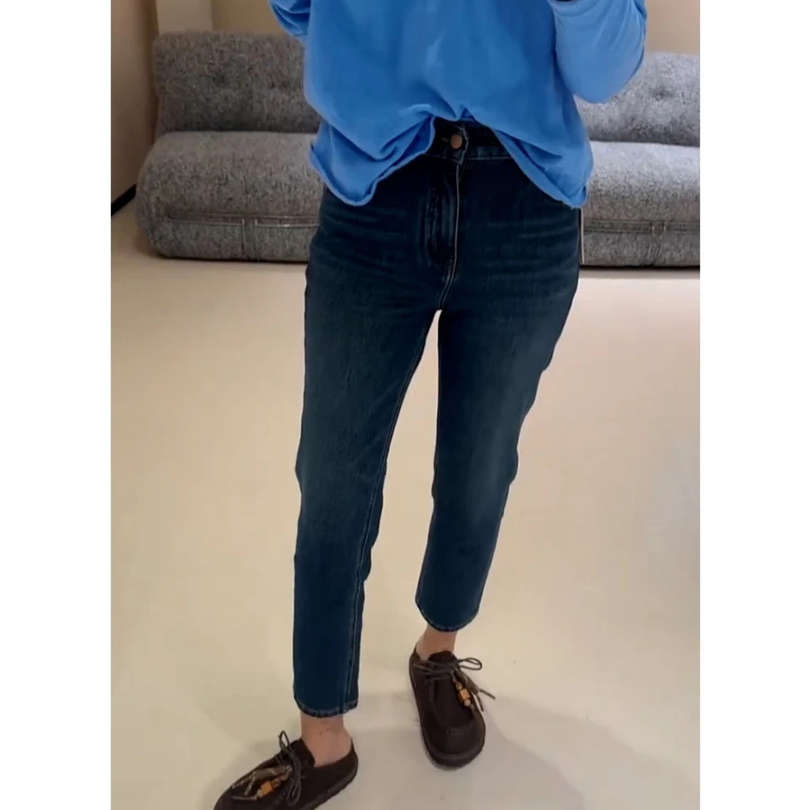 蓝色直筒牛仔裤女秋季梨形身材大码高腰弹力显瘦胖mm九分烟管裤子