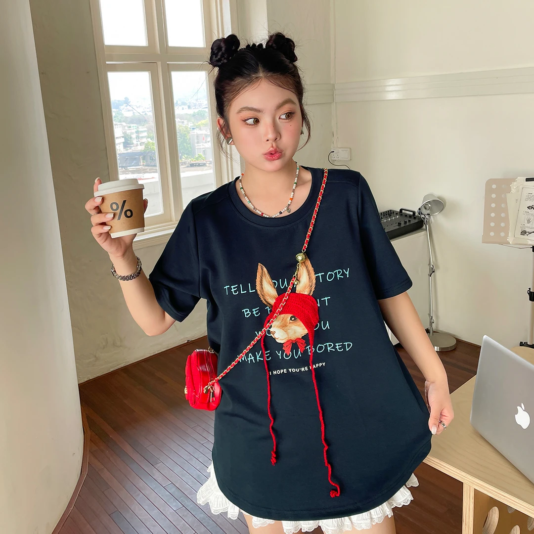 【现现专场】大码女装设计感小红帽印花T恤胖mm宽松遮肚显瘦上衣