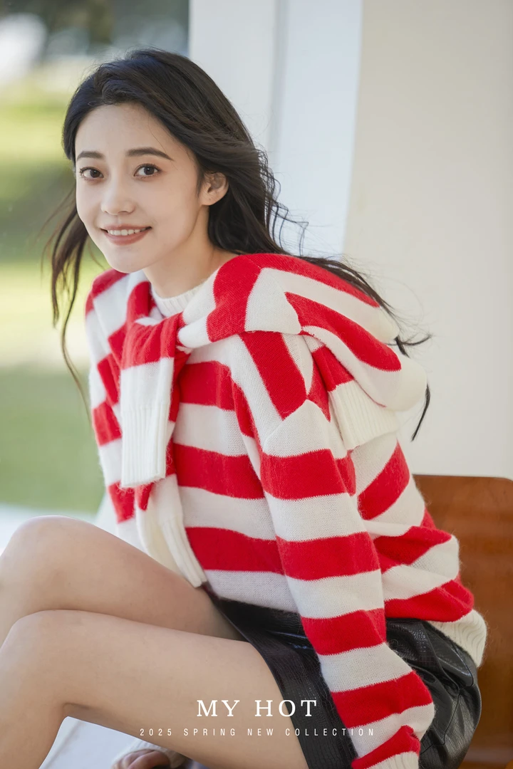 H733314715毛针织衫条纹长袖薄款圆领毛衫冬季家居服上衣