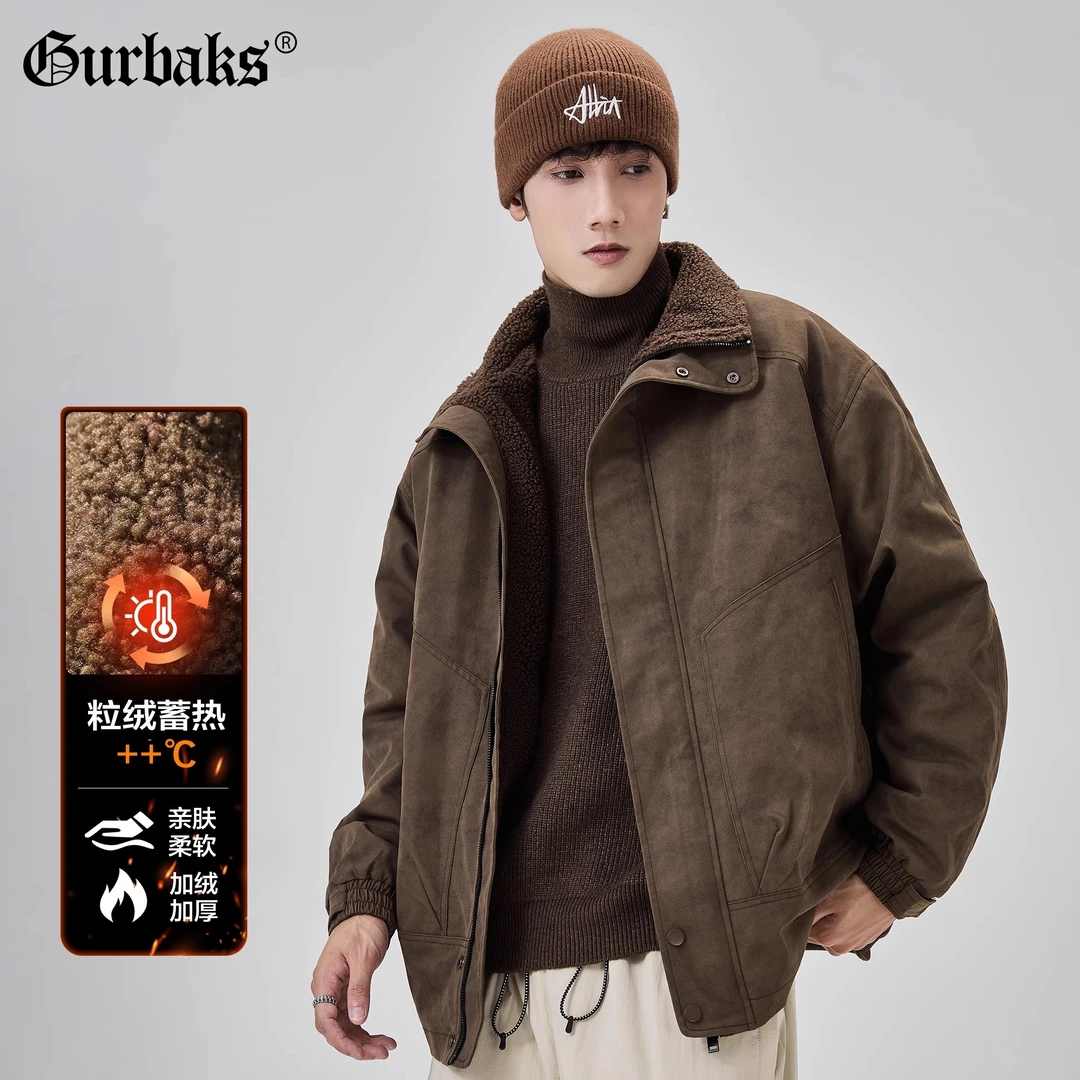 【古克】冬季新款加绒加厚立领工装夹克男休闲保暖羊羔绒棉衣外套