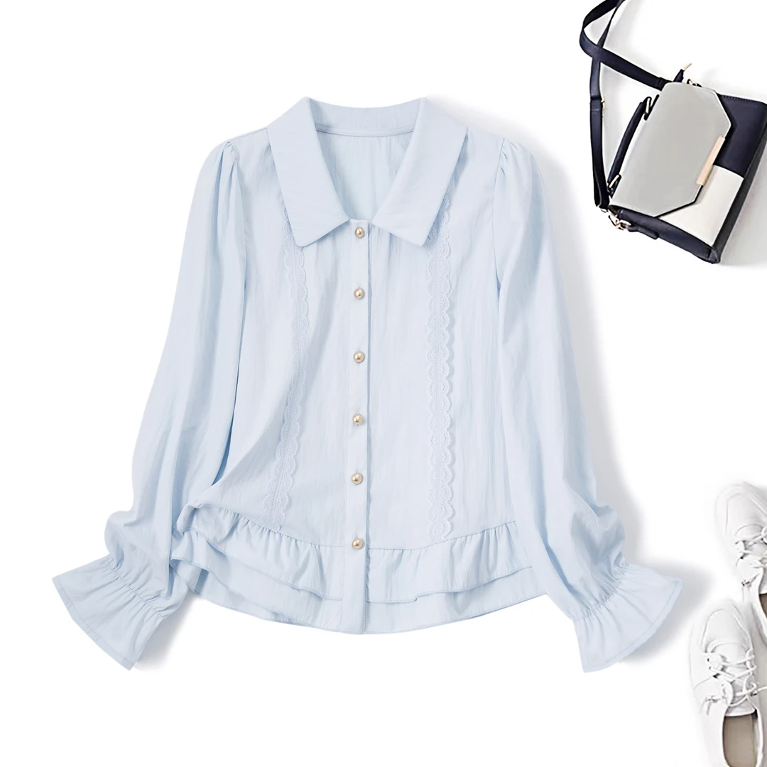 2025秋季新款胖mm大码法式气质娃娃领甜美乖巧蕾丝花边衬衫80209