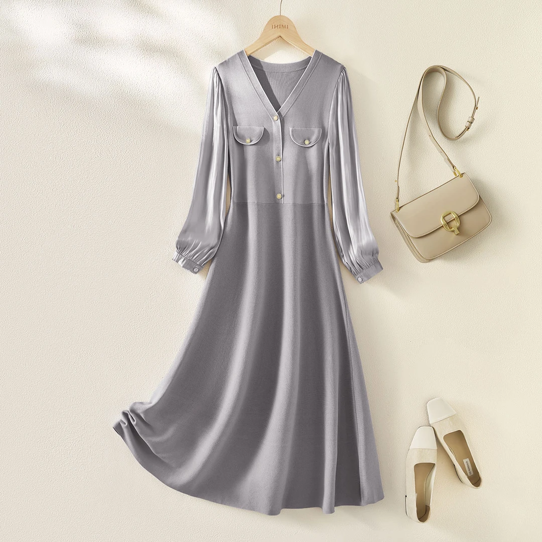 IHIMI/海谧【奥莱】拼接显瘦V领连衣裙24秋季女简约气质简约连衣裙