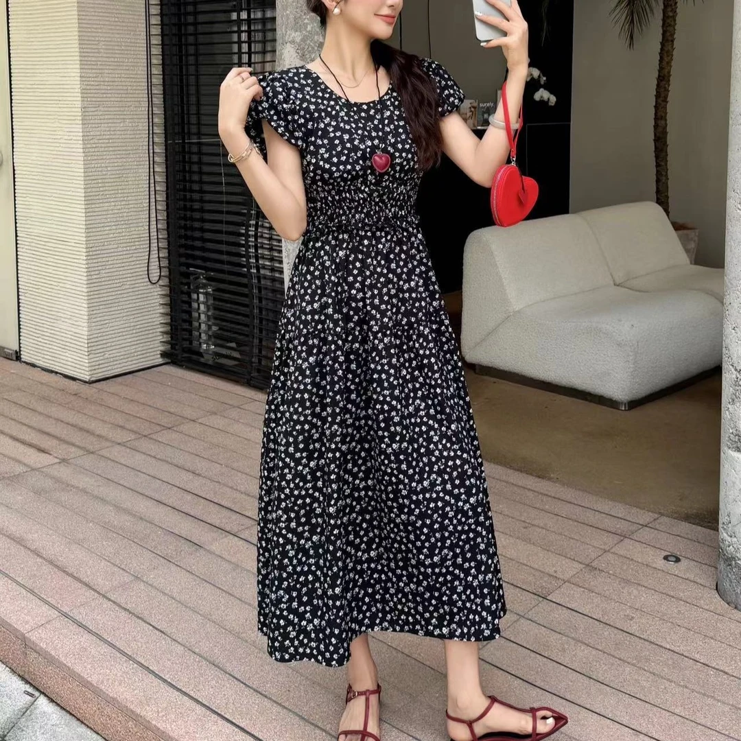 MISS RUILI  定制  法式温柔气质泡泡袖碎花连衣裙F0643