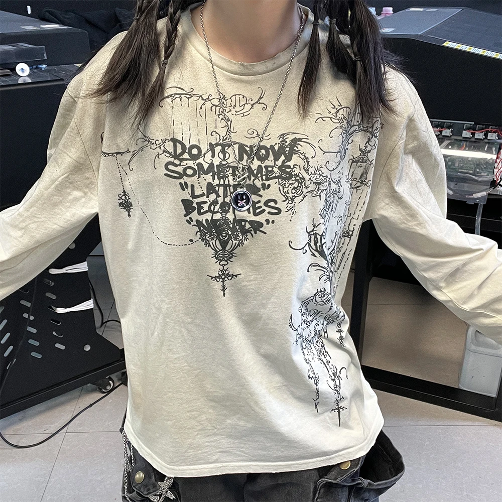 亚文化线条美式复古显瘦绝美上衣做旧脏脏长袖T恤