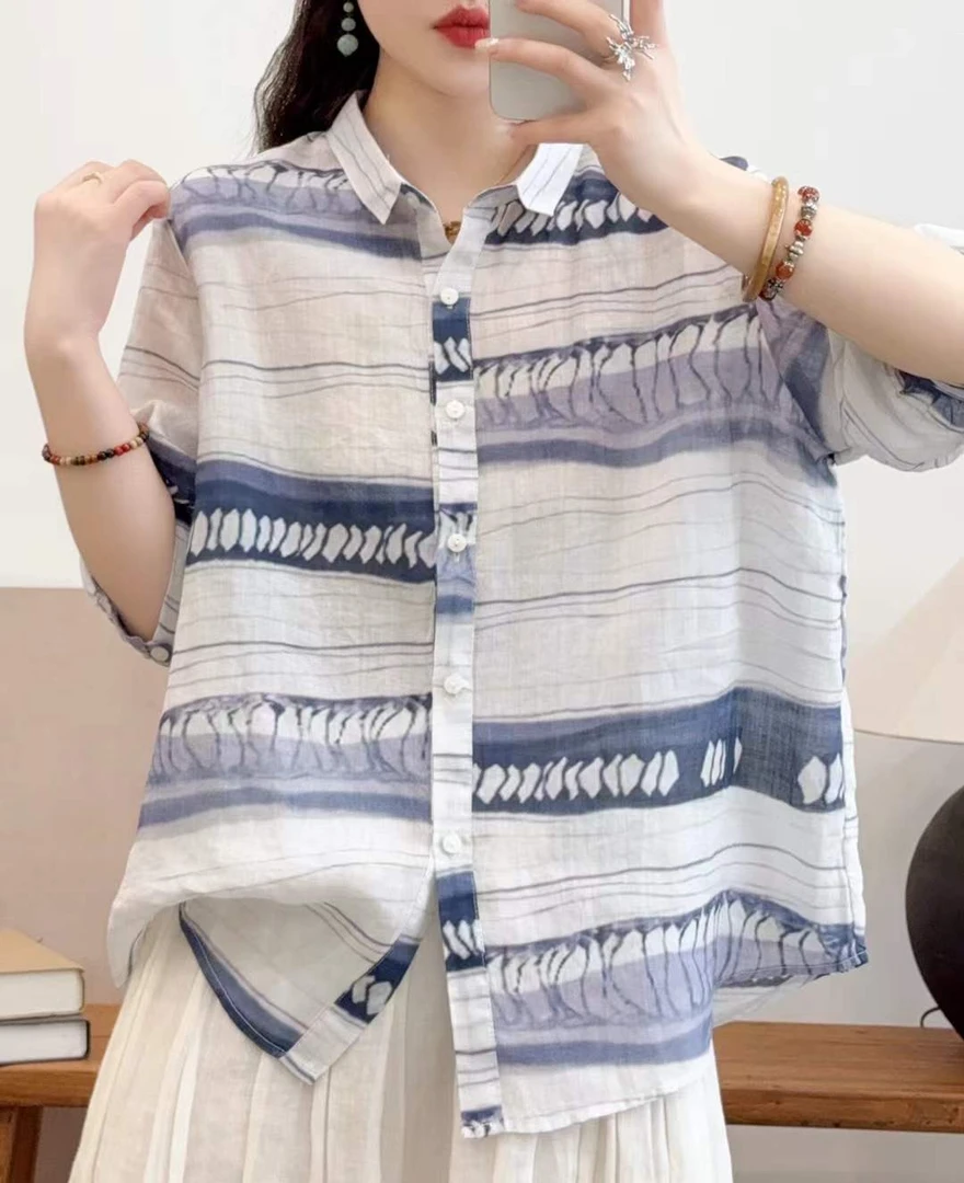 【苎麻手工扎染蓝条纹中袖衬衫】3380