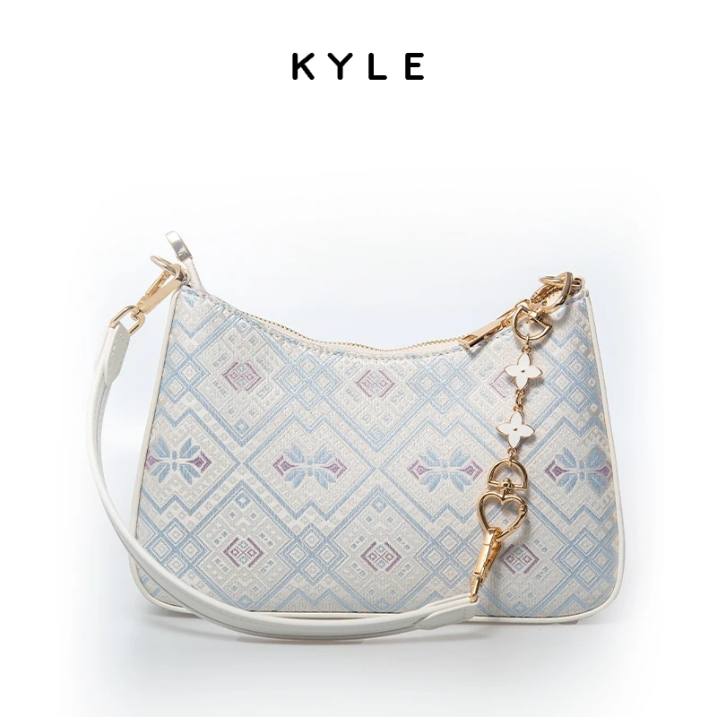 KYLE广西非遗壮锦时尚单根拉链腋下单肩包白色女士蓝色牛仔