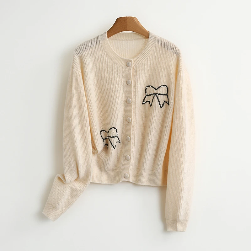 【伍莎-自营】蝴蝶结钉珠圆领纯色针织开衫#UPY48C046