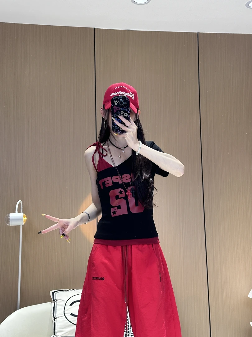 XX1692 字母02短款斜领露肩假两件甜辣印花T恤撞色个性减龄短袖