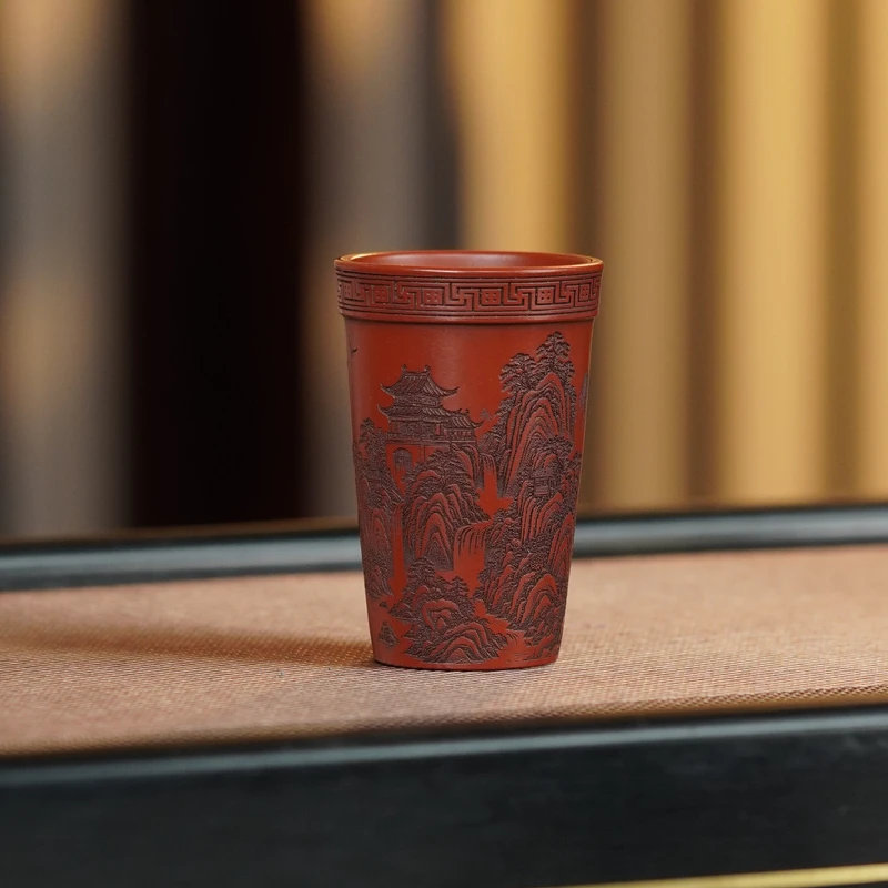 宜兴原矿紫砂朱泥山水闻香杯全手工高端主人杯品茗杯