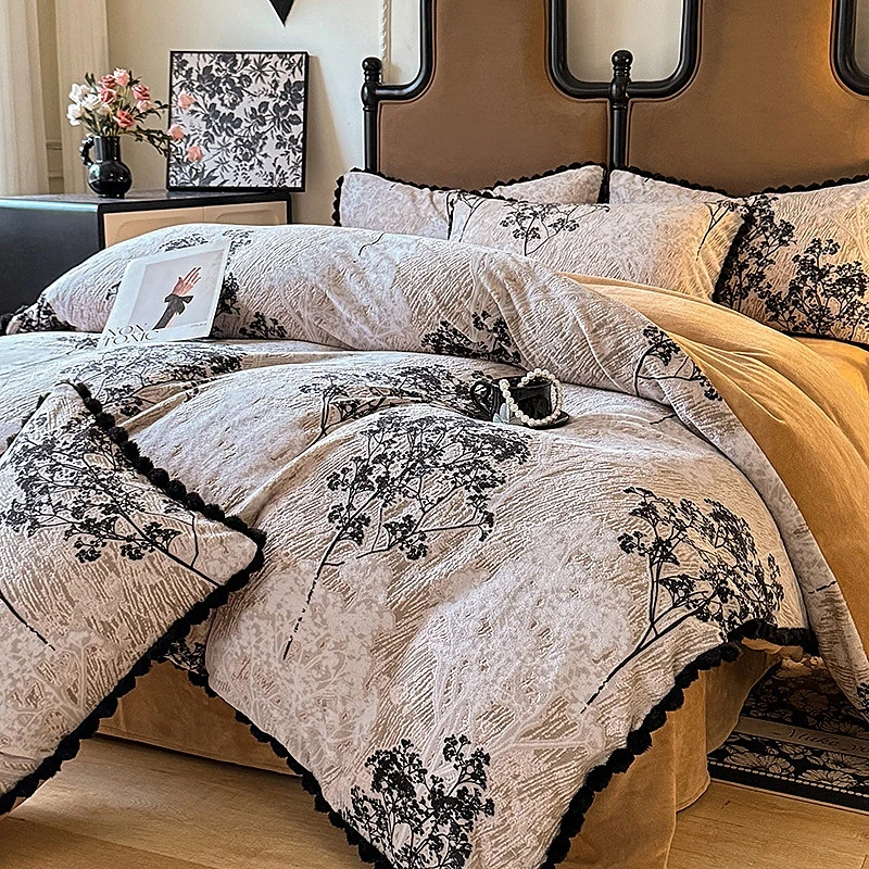 法式复古冬季雕花牛奶绒床上四件套保暖珊瑚绒被套床单床笠款床品